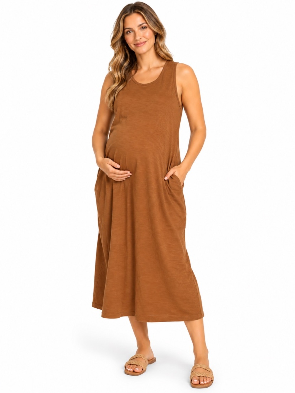Old Navy "NEW" Tan Maternity Boho Round Neck Ruched Tank Maxi Dress Size XXL